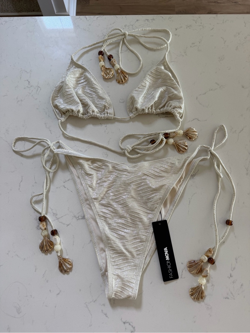 Fashion Nova Ivory Shell-Detail Tie Bikini